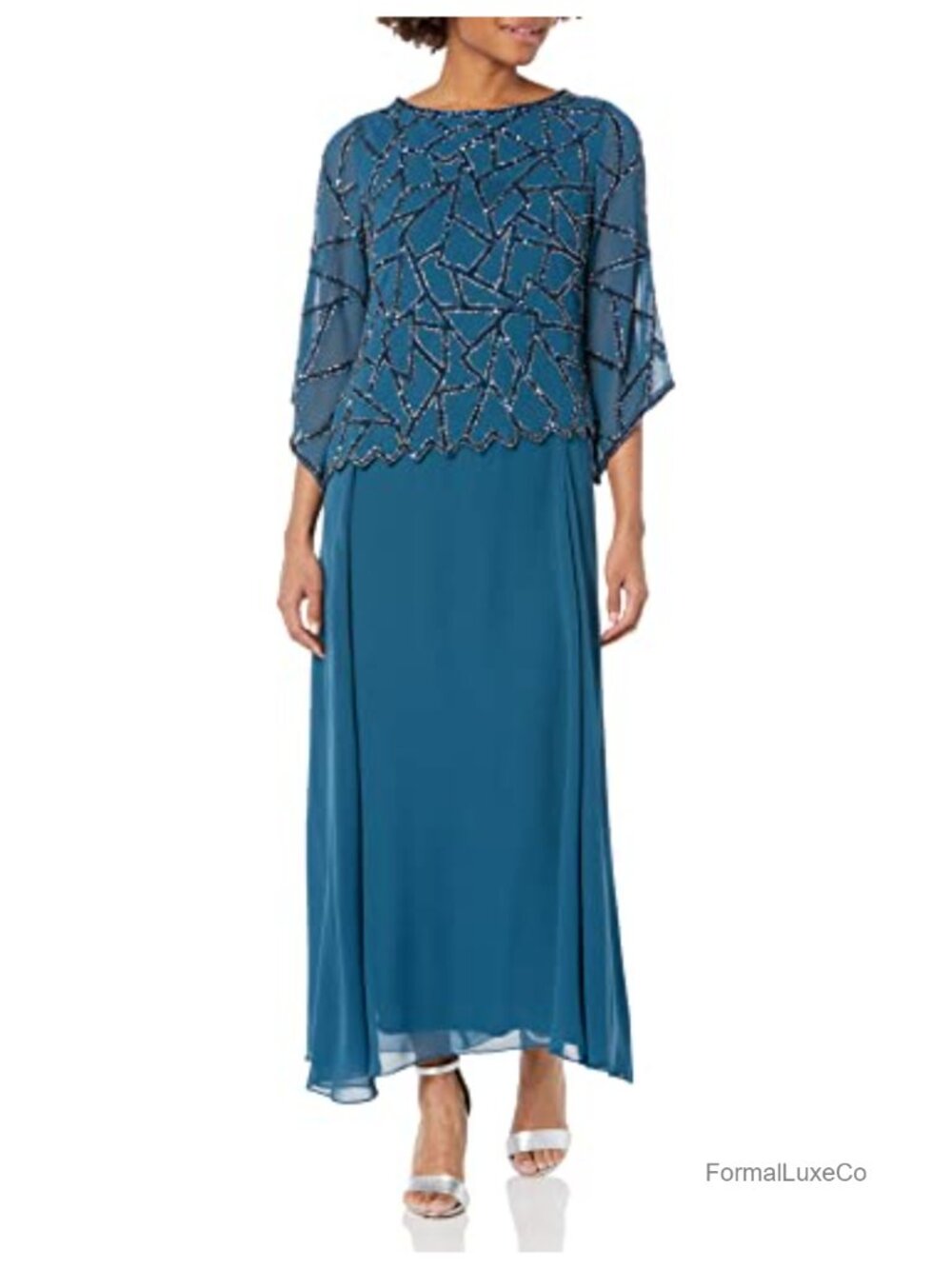 Beaded Bodice 3/4 Sleeve Popover Formal Dress Floor Length Geometrical